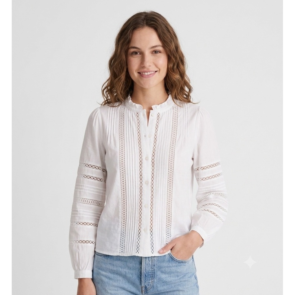 Madewell Top Womens Small White Lace Insert High Neck Pintuck Classic NZ418